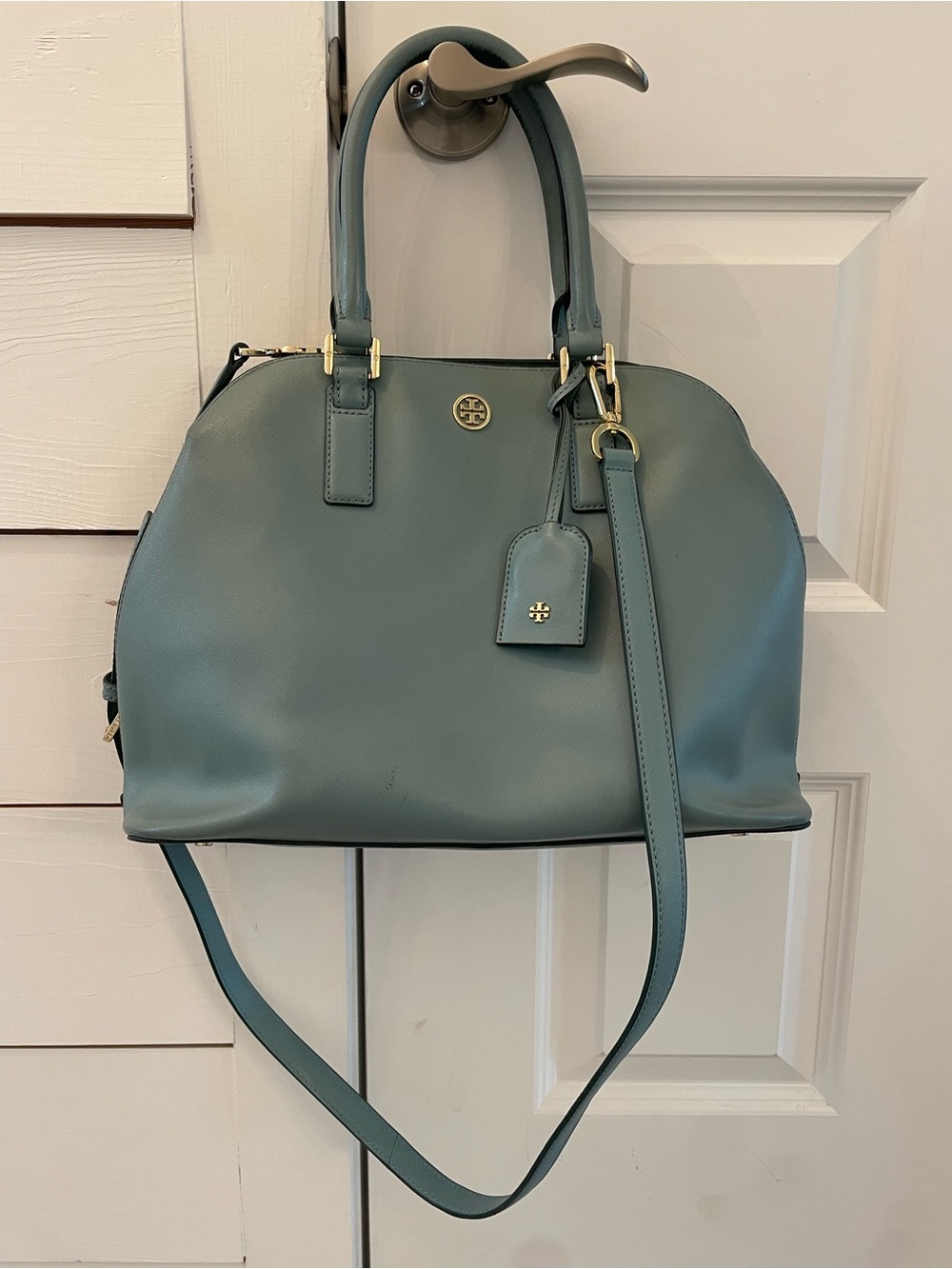 Tory Burch Robinson Dome Satchel Crossbody Blue With Dust Bag - Picture 2 of 7